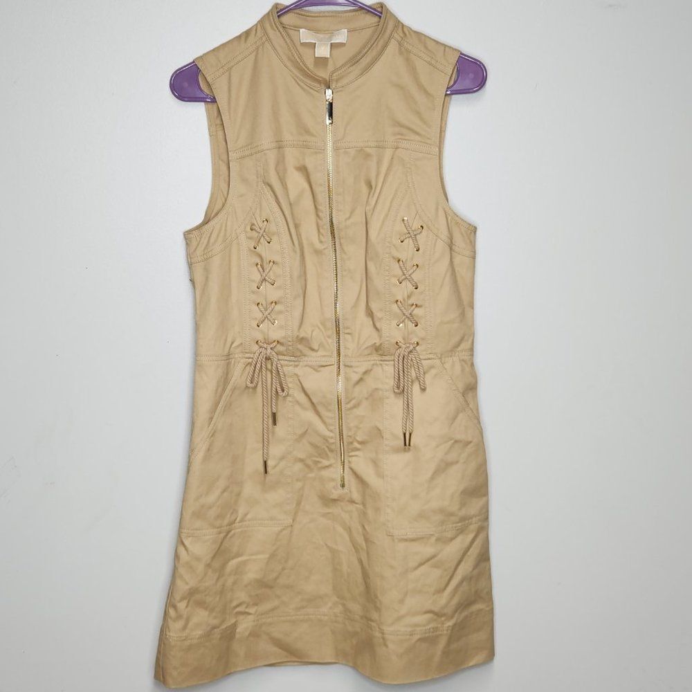 New NWT Michael Kors Women Zip Khaki Utility Tank Knee Length Dress Size Medium